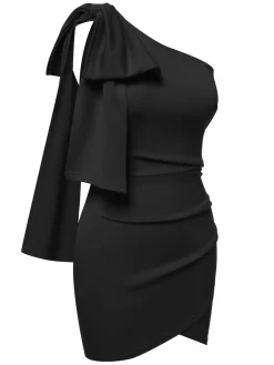 New Retro Stage 1960s Solid One-Shoulder Bow Dress