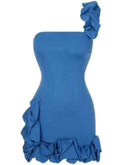 Fashion Retro Stage 1980s Solid One-Shoulder 3D Flower Mini Dress