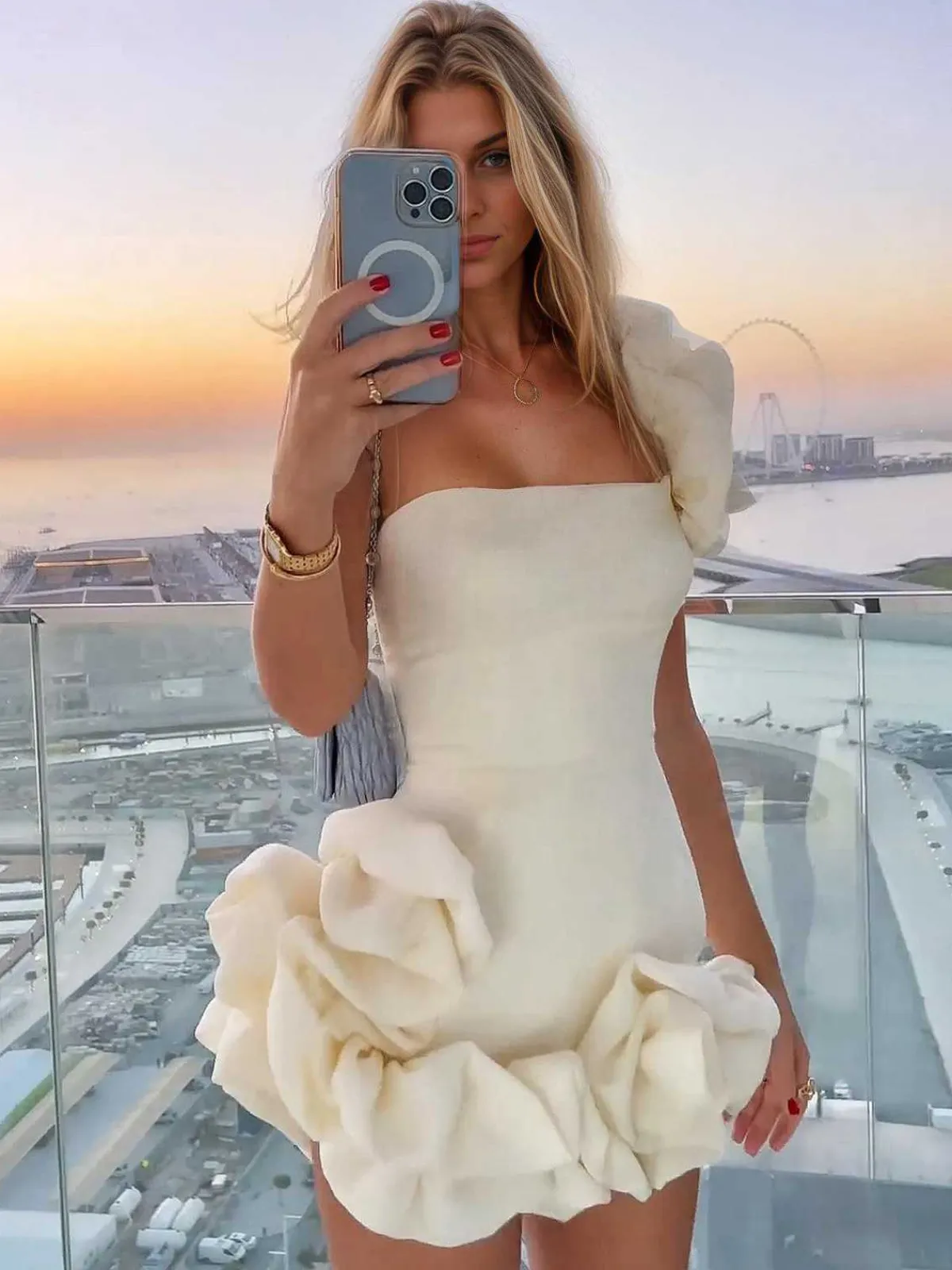 Fashion Retro Stage 1980s Solid One-Shoulder 3D Flower Mini Dress