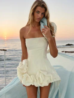 Fashion Retro Stage 1980s Solid One-Shoulder 3D Flower Mini Dress