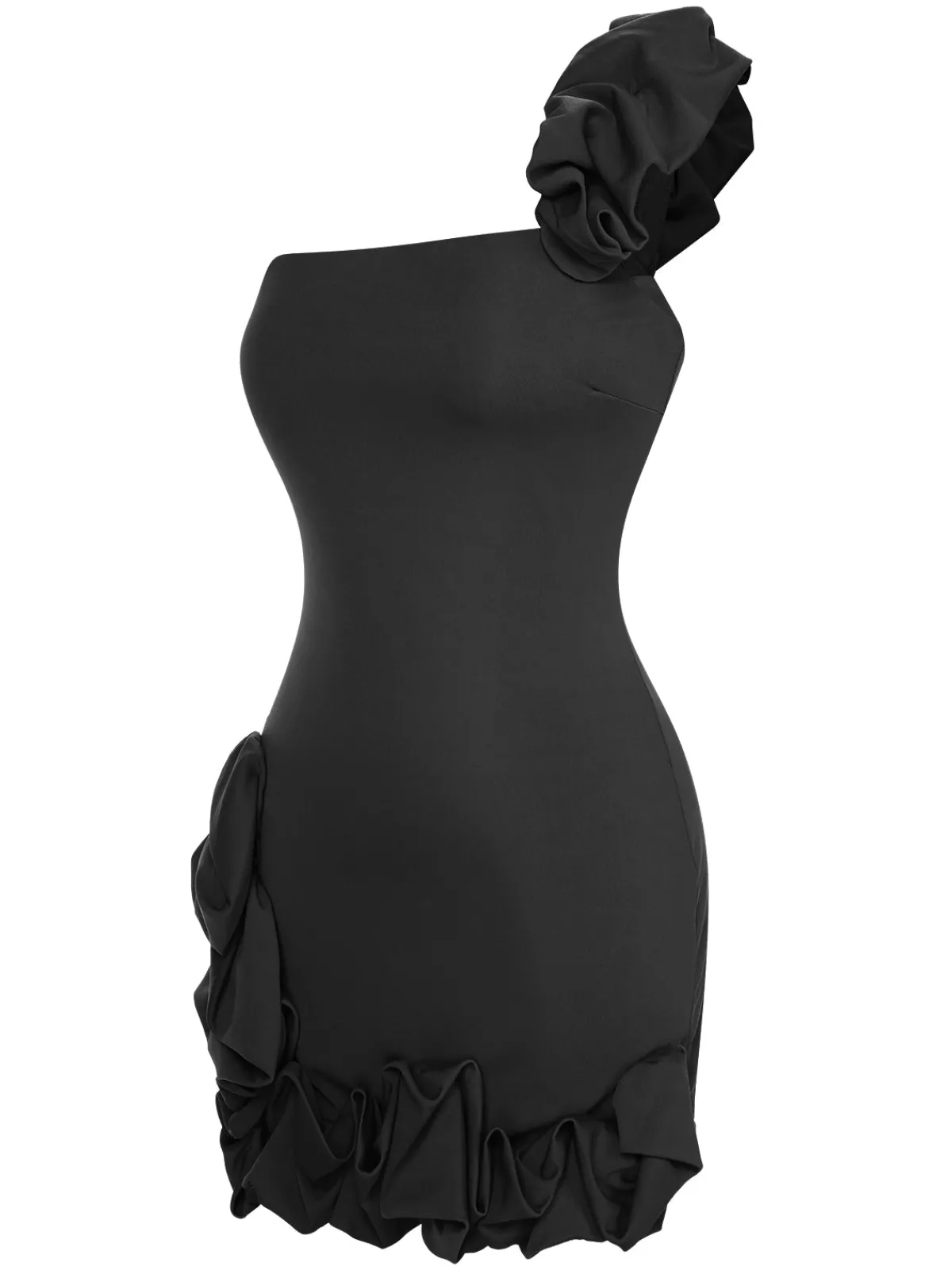 Fashion Retro Stage 1980s Solid One-Shoulder 3D Flower Mini Dress