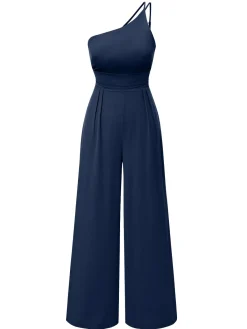 Fashion Retro Stage 1940s Solid One-Shoulder Suspender Loose Wide-Leg Jumpsuit