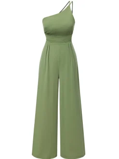 Fashion Retro Stage 1940s Solid One-Shoulder Suspender Loose Wide-Leg Jumpsuit