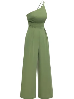 Fashion Retro Stage 1940s Solid One-Shoulder Suspender Loose Wide-Leg Jumpsuit