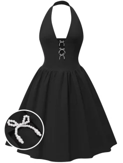 Sale Retro Stage 1950s Solid Pearl Bow Halter Dress