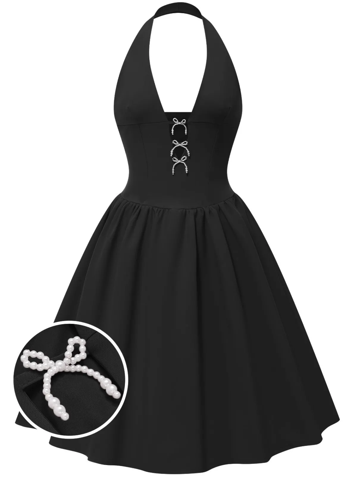 Sale Retro Stage 1950s Solid Pearl Bow Halter Dress