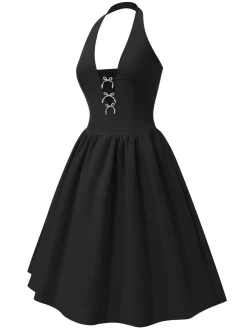 Sale Retro Stage 1950s Solid Pearl Bow Halter Dress