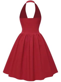 Sale Retro Stage 1950s Solid Pearl Bow Halter Dress