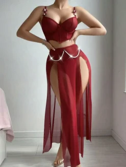 Discount Retro Stage 1970s Solid Pearl High-Slit 3D Flower Pajama Set