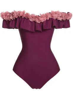 Best Retro Stage 1940s Solid Petal Patchwork One Shoulder Swimsuit