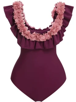 Best Retro Stage 1940s Solid Petal Patchwork One Shoulder Swimsuit