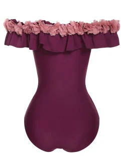 Best Retro Stage 1940s Solid Petal Patchwork One Shoulder Swimsuit