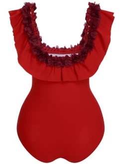 Best Retro Stage 1940s Solid Petal Patchwork One Shoulder Swimsuit