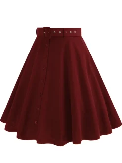 Outlet Retro Stage 1950s Solid Pleated Button Belted Skirt