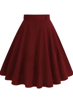 Outlet Retro Stage 1950s Solid Pleated Button Belted Skirt