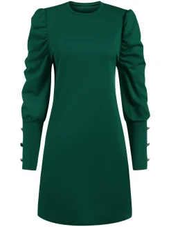 Outlet Retro Stage 1940s Solid Pleated Gigot Sleeves Dress
