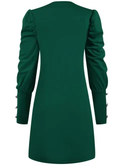 Outlet Retro Stage 1940s Solid Pleated Gigot Sleeves Dress