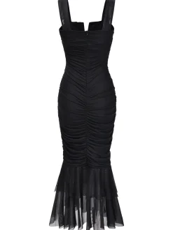 Discount Retro Stage 1930s Solid Pleated Wide Strap Fishtail Dress