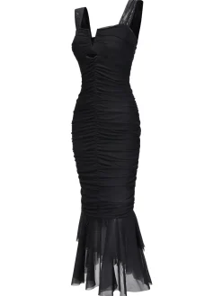 Discount Retro Stage 1930s Solid Pleated Wide Strap Fishtail Dress