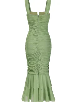 Discount Retro Stage 1930s Solid Pleated Wide Strap Fishtail Dress