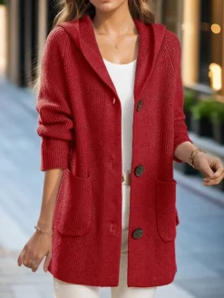 Clearance Retro Stage 1940s Solid Pockets Knitted Hooded Coat