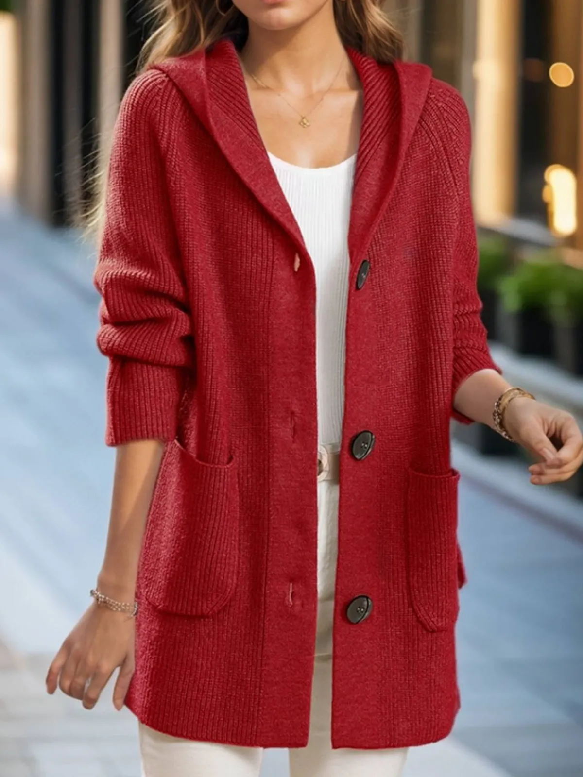 Clearance Retro Stage 1940s Solid Pockets Knitted Hooded Coat