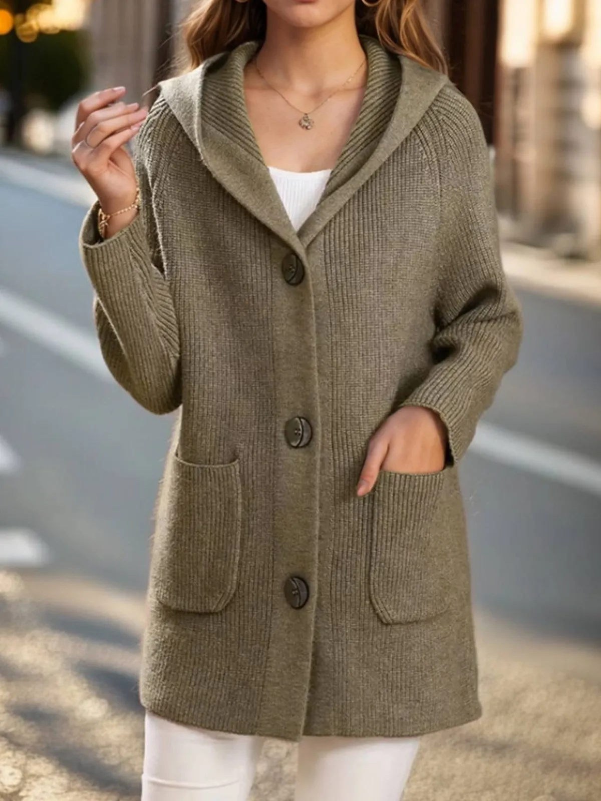 Clearance Retro Stage 1940s Solid Pockets Knitted Hooded Coat