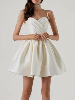 Best Retro Stage 1980s Solid Rhinestone Straps Puffy Dress
