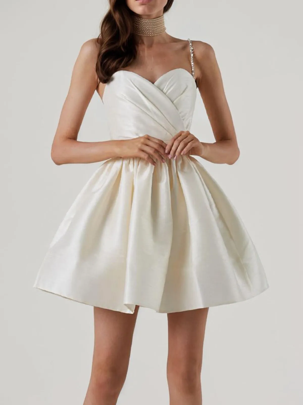 Best Retro Stage 1980s Solid Rhinestone Straps Puffy Dress