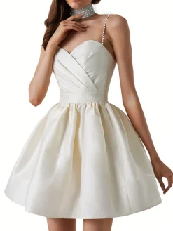 Best Retro Stage 1980s Solid Rhinestone Straps Puffy Dress