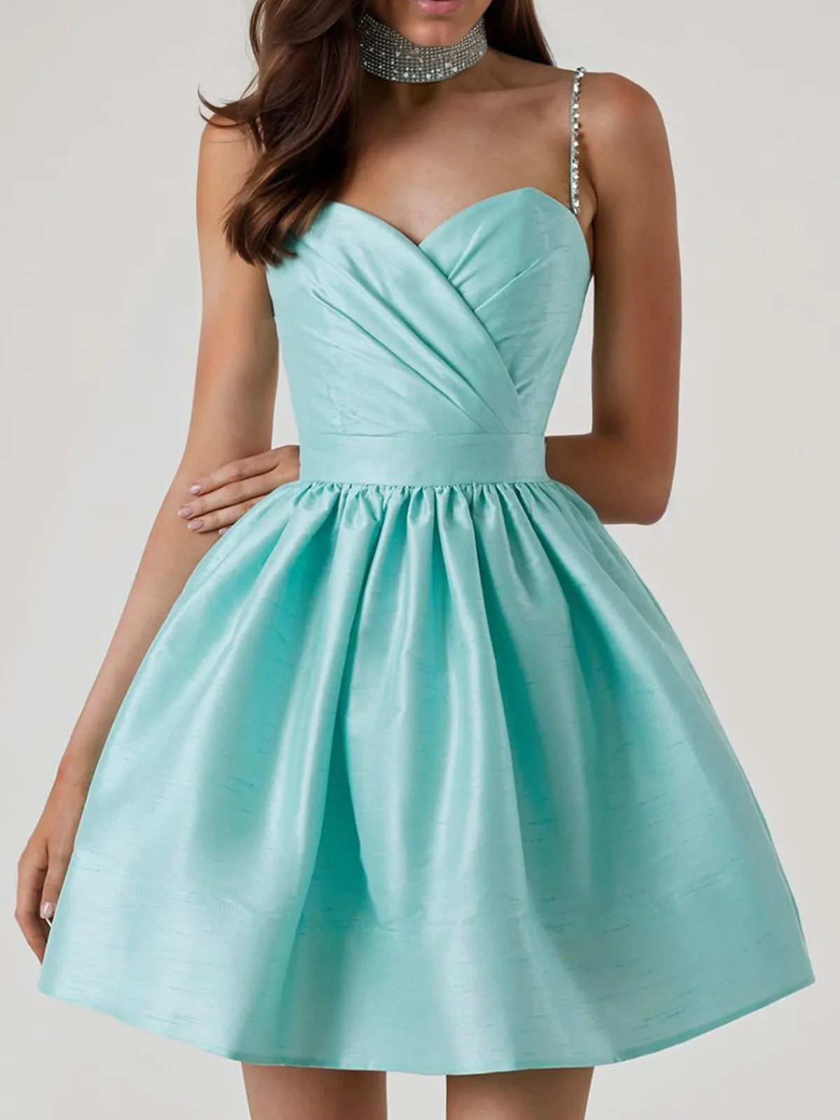 Best Retro Stage 1980s Solid Rhinestone Straps Puffy Dress