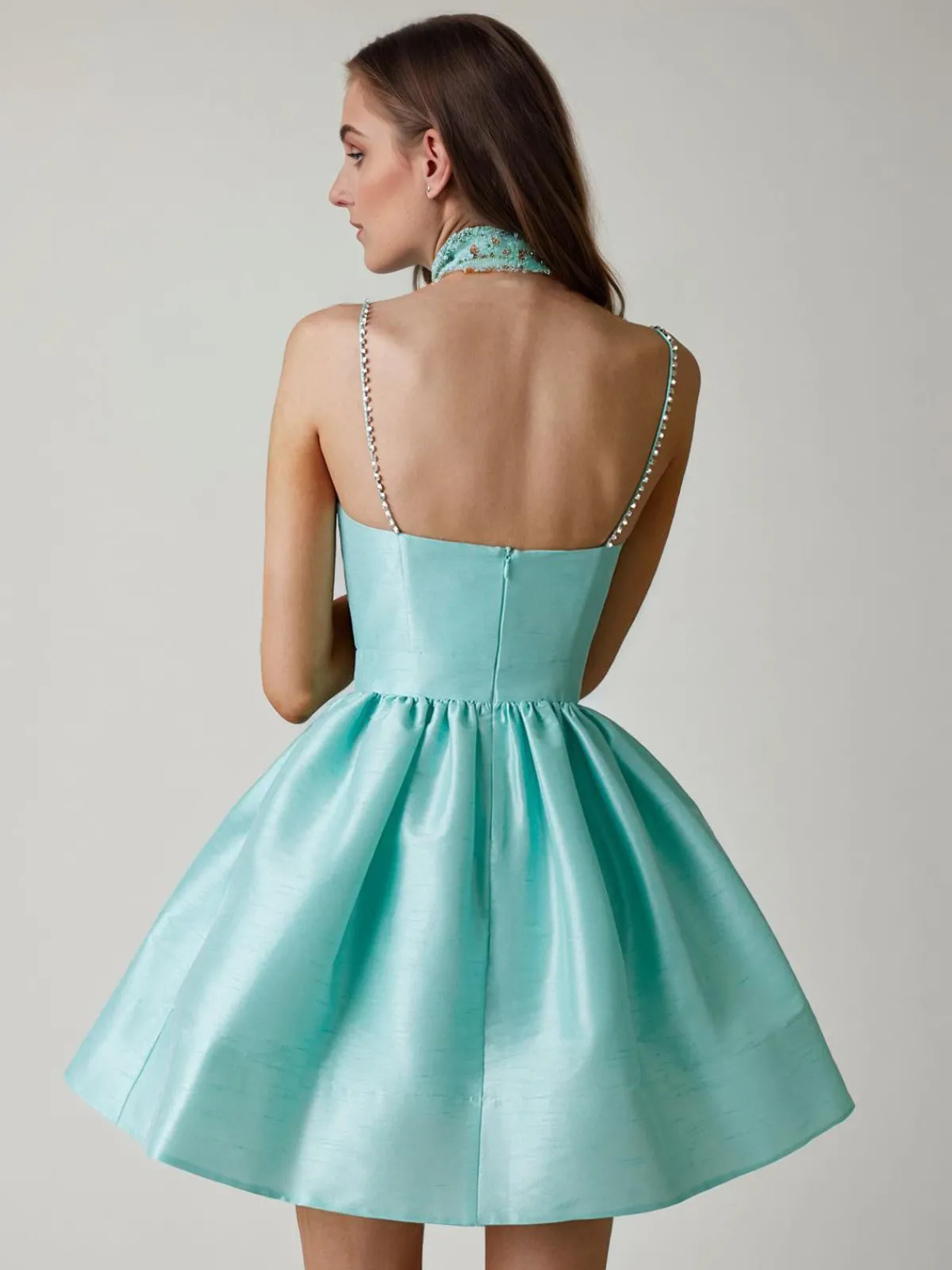 Best Retro Stage 1980s Solid Rhinestone Straps Puffy Dress