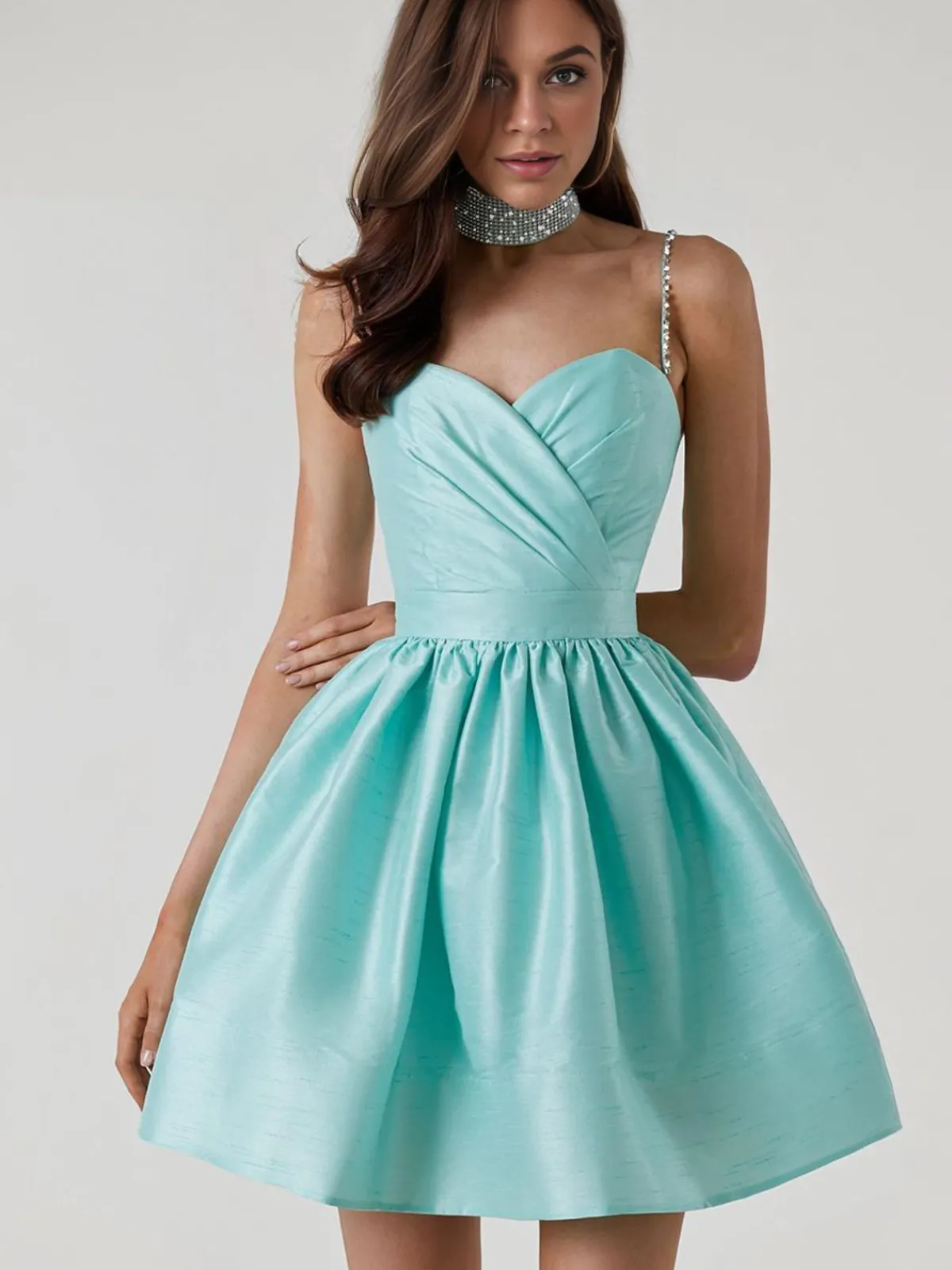 Best Retro Stage 1980s Solid Rhinestone Straps Puffy Dress