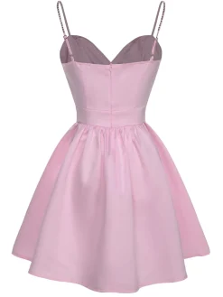 Best Retro Stage 1980s Solid Rhinestone Straps Puffy Dress