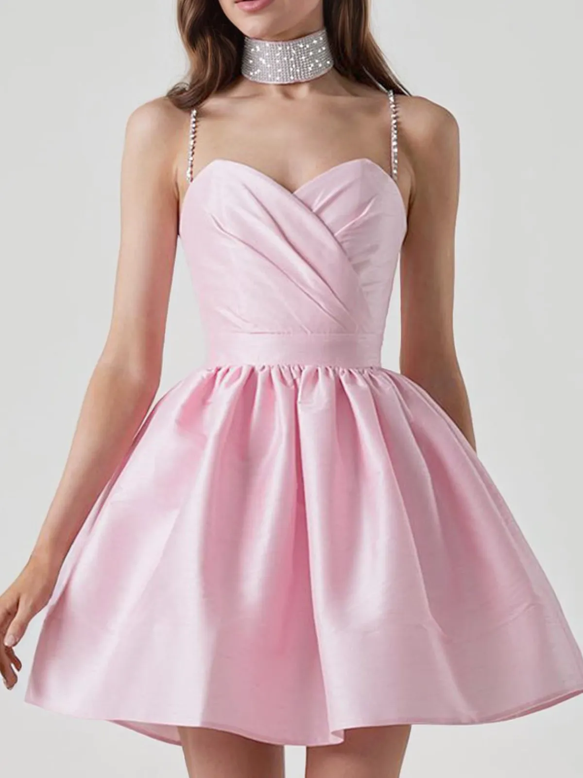 Best Retro Stage 1980s Solid Rhinestone Straps Puffy Dress