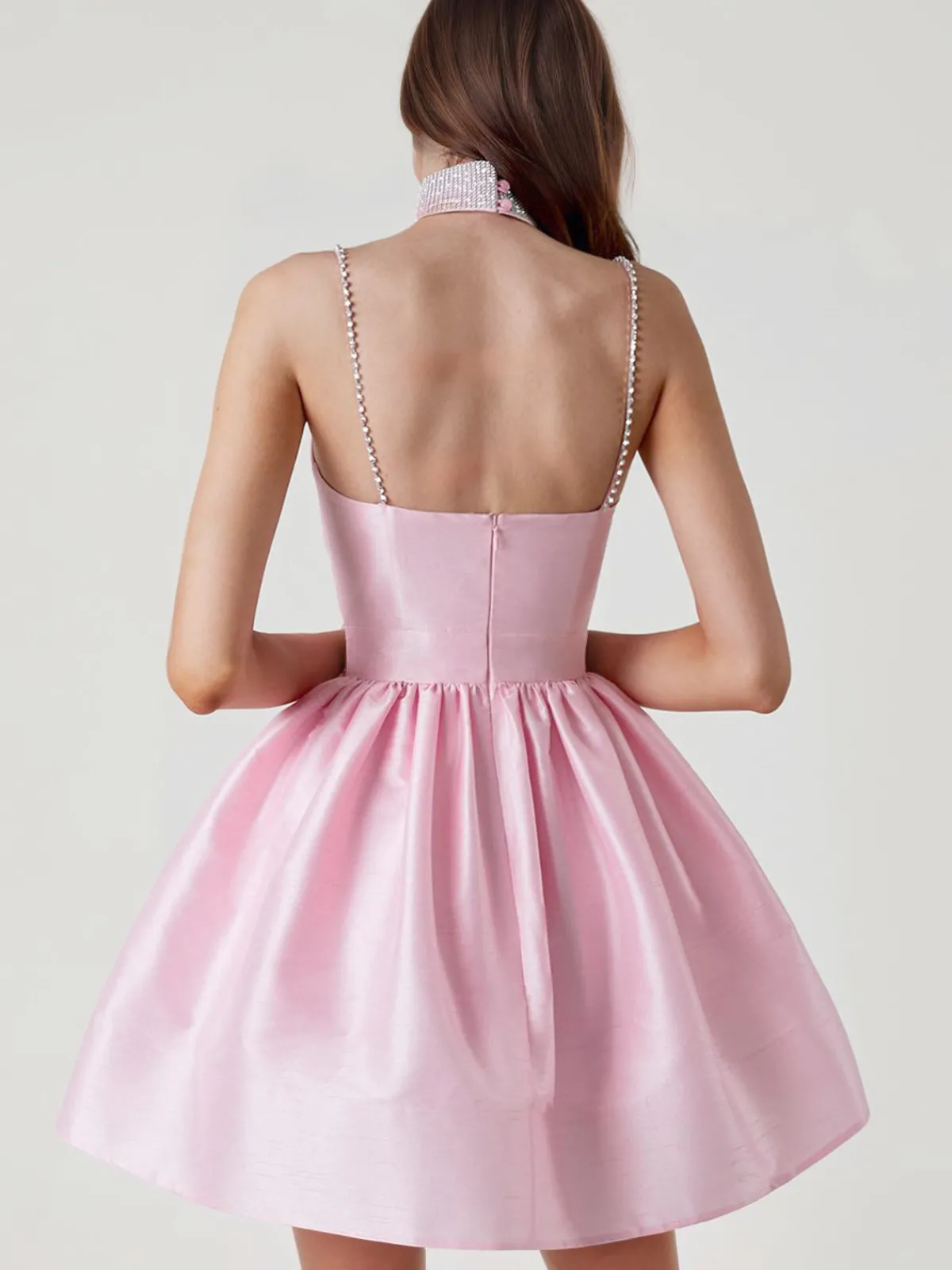 Best Retro Stage 1980s Solid Rhinestone Straps Puffy Dress