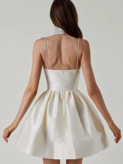 Best Retro Stage 1980s Solid Rhinestone Straps Puffy Dress