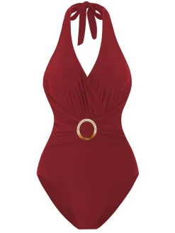 Discount Retro Stage 1960s Solid Ring Belt Halter Swimsuit