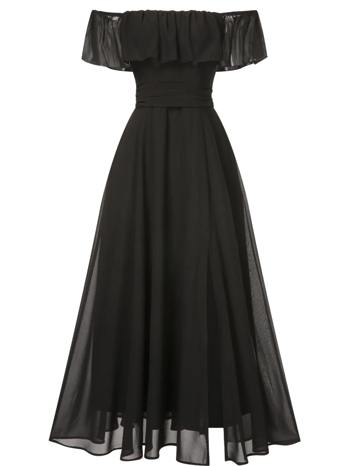 Fashion Retro Stage 1930s Solid Roll Collar Off Shoulder Slit Dress