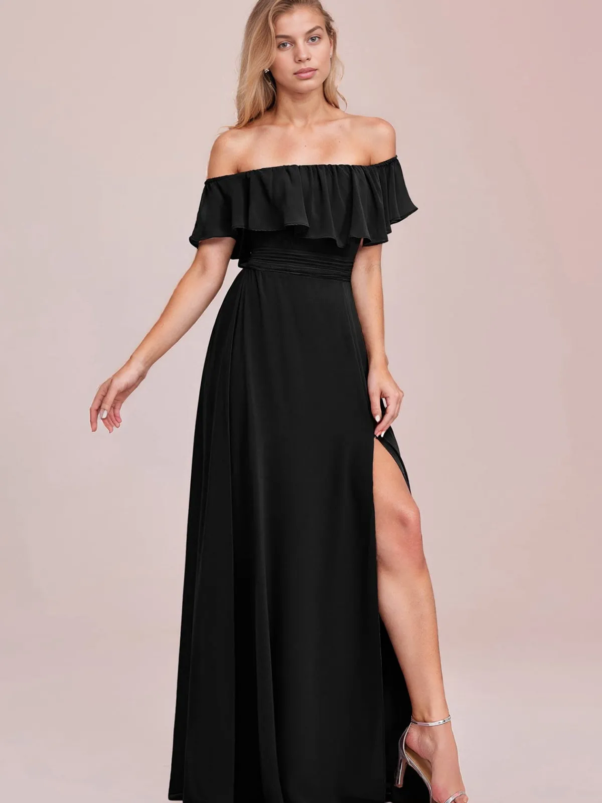 Fashion Retro Stage 1930s Solid Roll Collar Off Shoulder Slit Dress