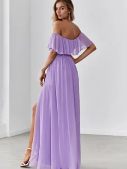 Fashion Retro Stage 1930s Solid Roll Collar Off Shoulder Slit Dress
