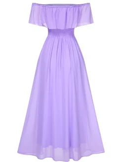 Fashion Retro Stage 1930s Solid Roll Collar Off Shoulder Slit Dress