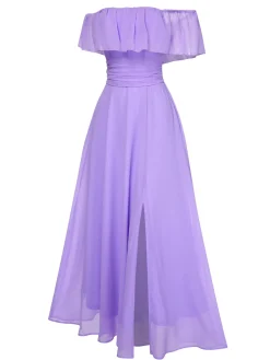 Fashion Retro Stage 1930s Solid Roll Collar Off Shoulder Slit Dress