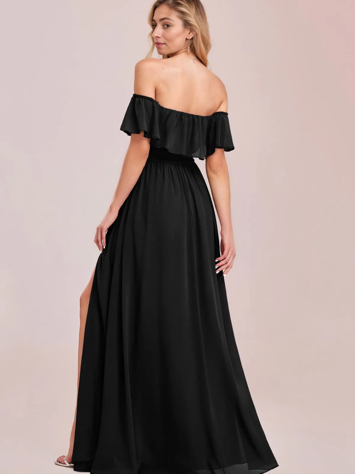 Fashion Retro Stage 1930s Solid Roll Collar Off Shoulder Slit Dress