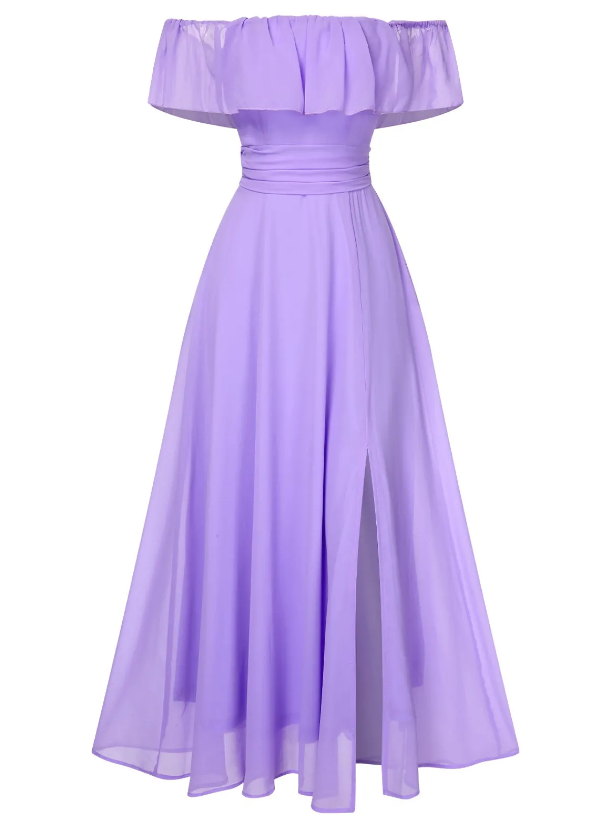 Fashion Retro Stage 1930s Solid Roll Collar Off Shoulder Slit Dress