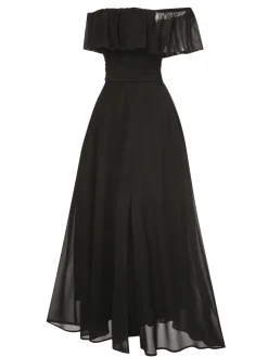 Fashion Retro Stage 1930s Solid Roll Collar Off Shoulder Slit Dress