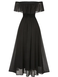 Fashion Retro Stage 1930s Solid Roll Collar Off Shoulder Slit Dress
