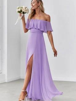 Fashion Retro Stage 1930s Solid Roll Collar Off Shoulder Slit Dress