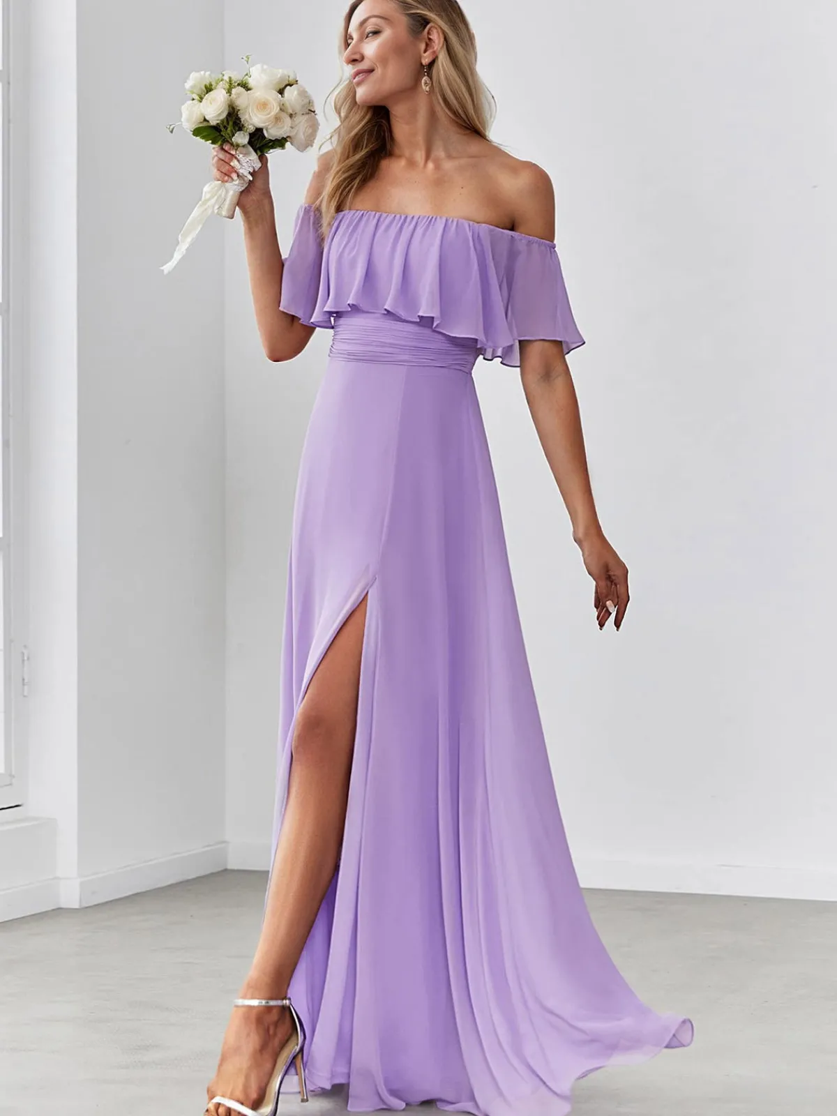 Fashion Retro Stage 1930s Solid Roll Collar Off Shoulder Slit Dress