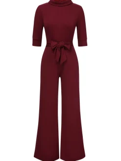 Best Retro Stage 1930s Solid Rolled Collar Belted Jumpsuit
